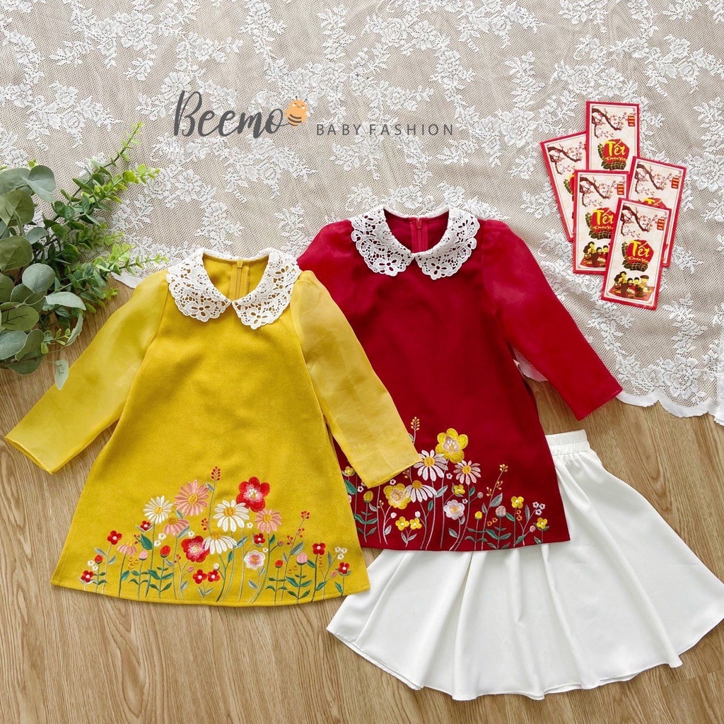 Set áo dài bé gái Beemo chất liệu nhung chéo cao cấp, áo dài Tết cho bé phối chân váy bé gái hoạ tiết thời trang