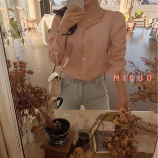 Áo sơ mi nữ tay dài dáng rộng cổ vuông phối dây rút xinh xắn nhiều màu tùy chọn