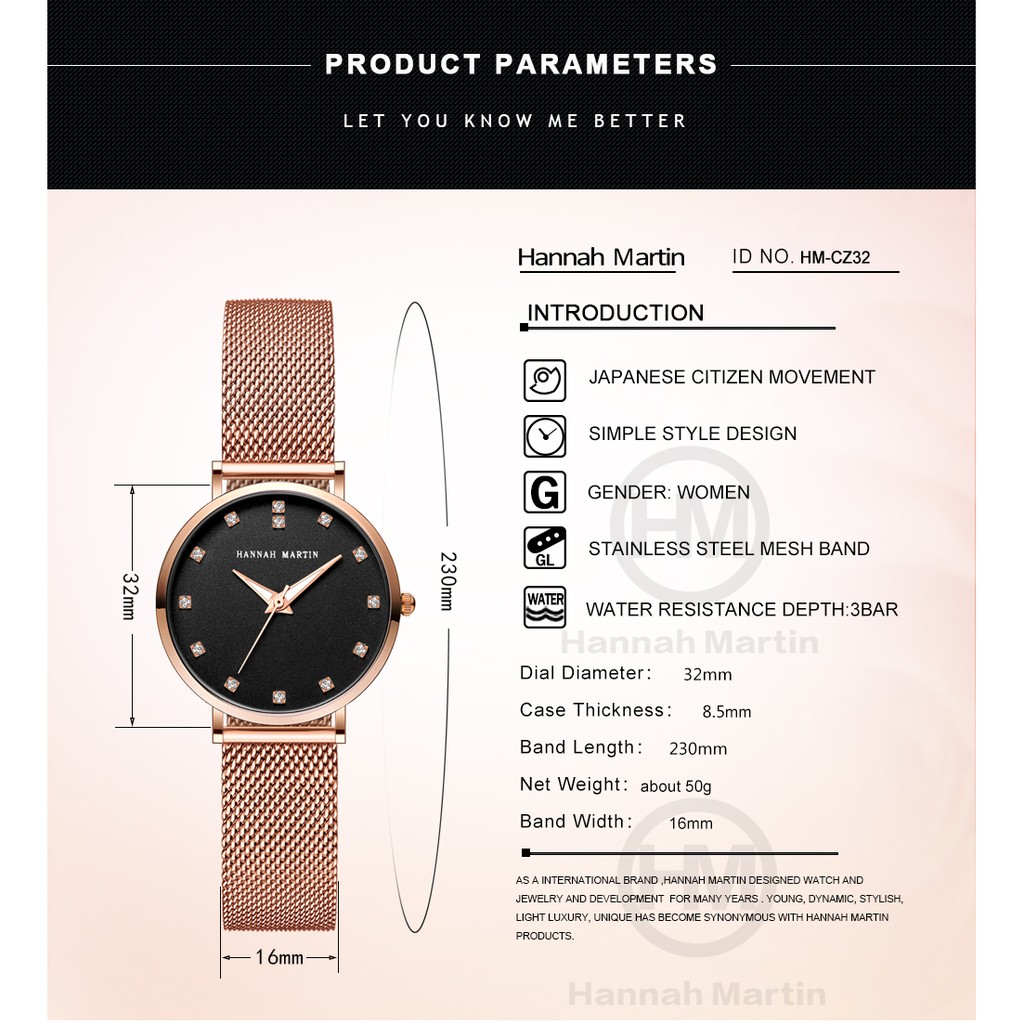 Đồng hồ nữ Hannah Martin chính hãng - style Quartz thạch anh cao cấp - Model cz32 - tặng túi và hộp - bảo hành 1 năm | BigBuy360 - bigbuy360.vn