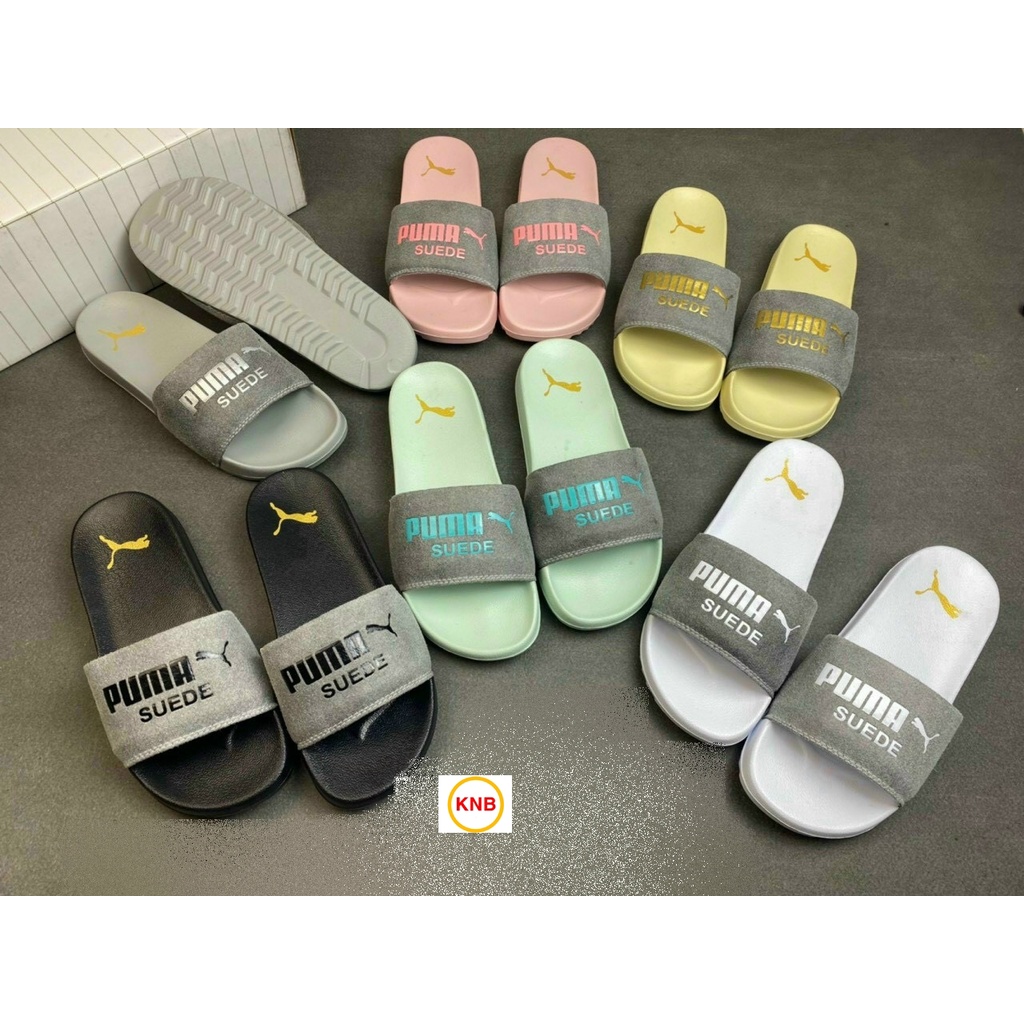 Dép 𝐏𝐔𝐌𝐀 ❤️FREESHIP + Hộp❤️ dép unisex 𝐌𝐋𝐁 quai ngang bóng chày thể thao nam nữ in PUMA da lộn, đế IP bền full xám