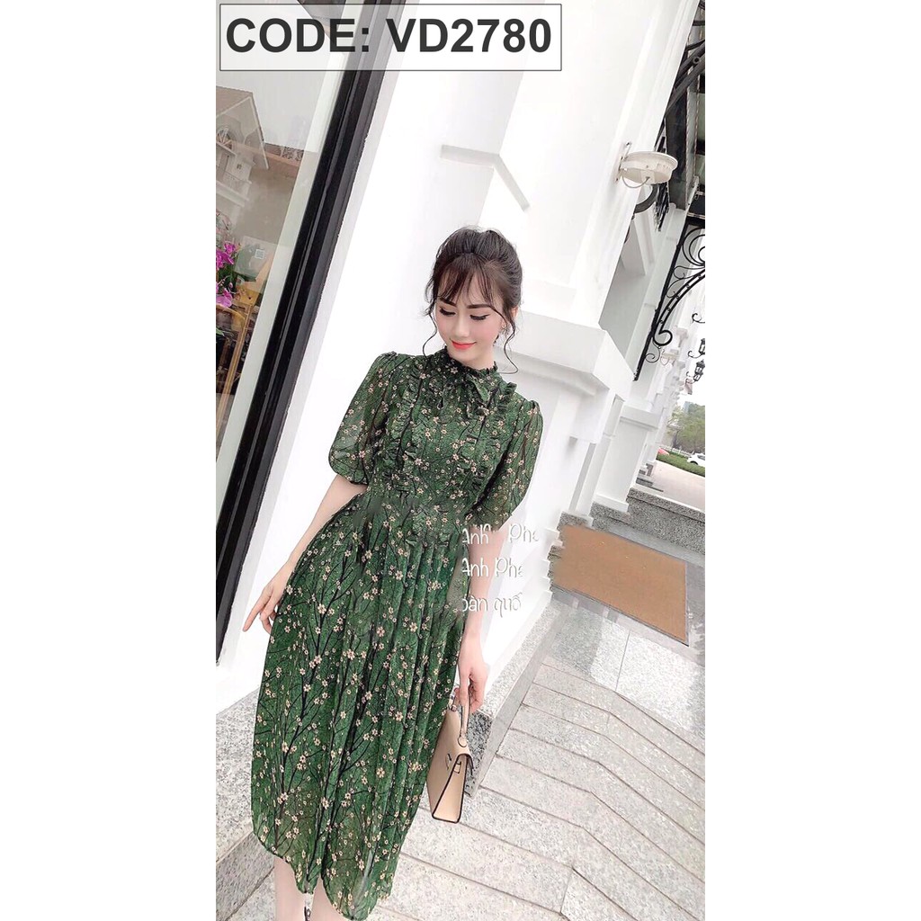 Đầm xanh hoa nhí voan lụa MSVAY021