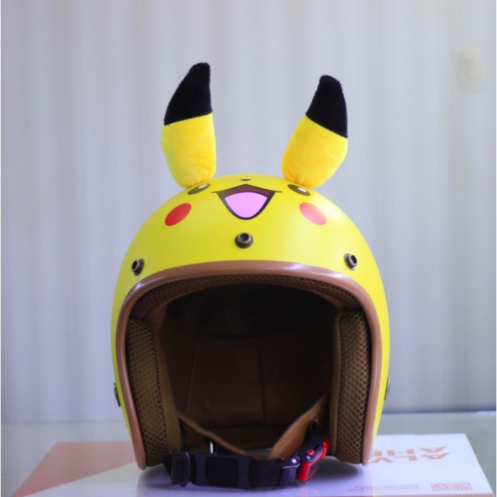 Mũ bảo hiểm 3/4 đầu pikachu vàng có tai lót nâu cao cấp dành cho nam và nữ siêu dể thương