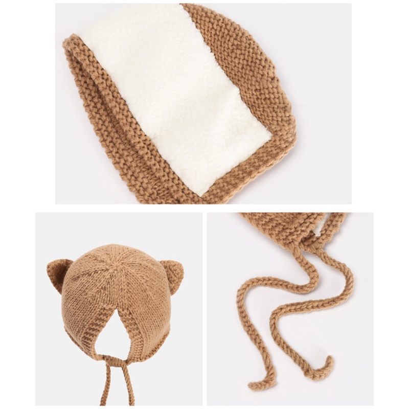 Mũ Beanie Dệt Kim Phối Lông Giữ Ấm Tai Hình Mèo Dễ Thương Cho Bé