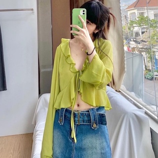 Ảnh thật - Áo voan xanh thắt nơ