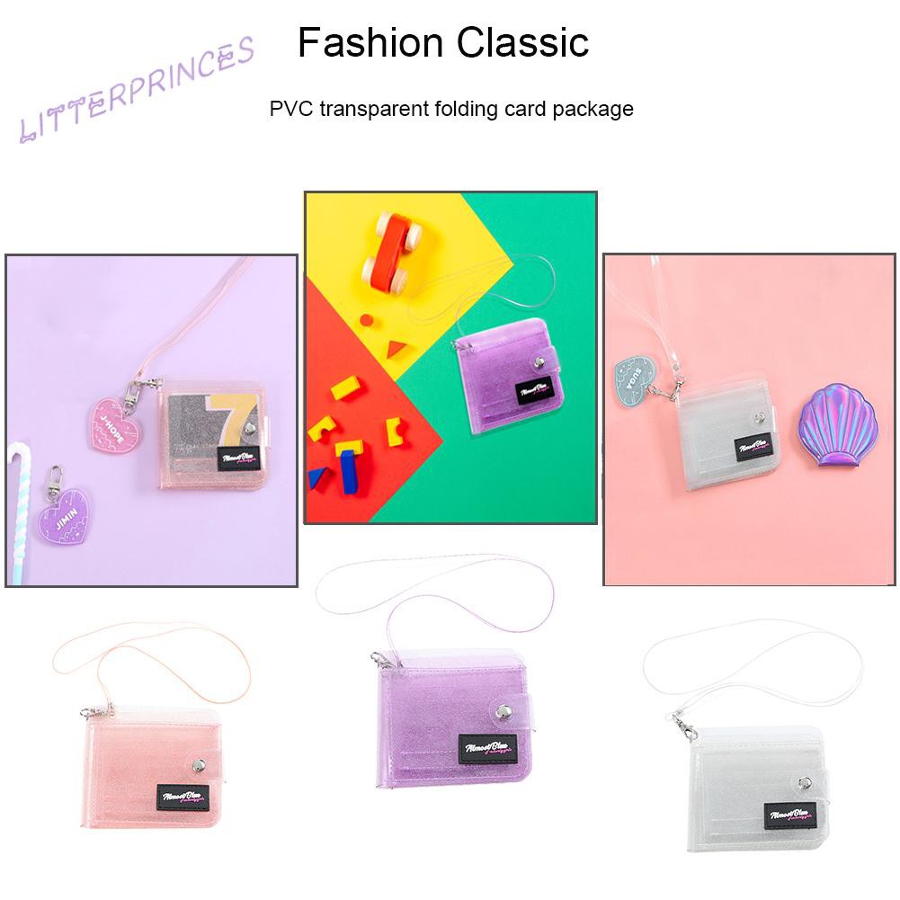 Ví đựng thẻ mini dáng ngắn bằng PVC trong suốt lấp lánh thời trang màu trơn không có dây đeo cho nữ