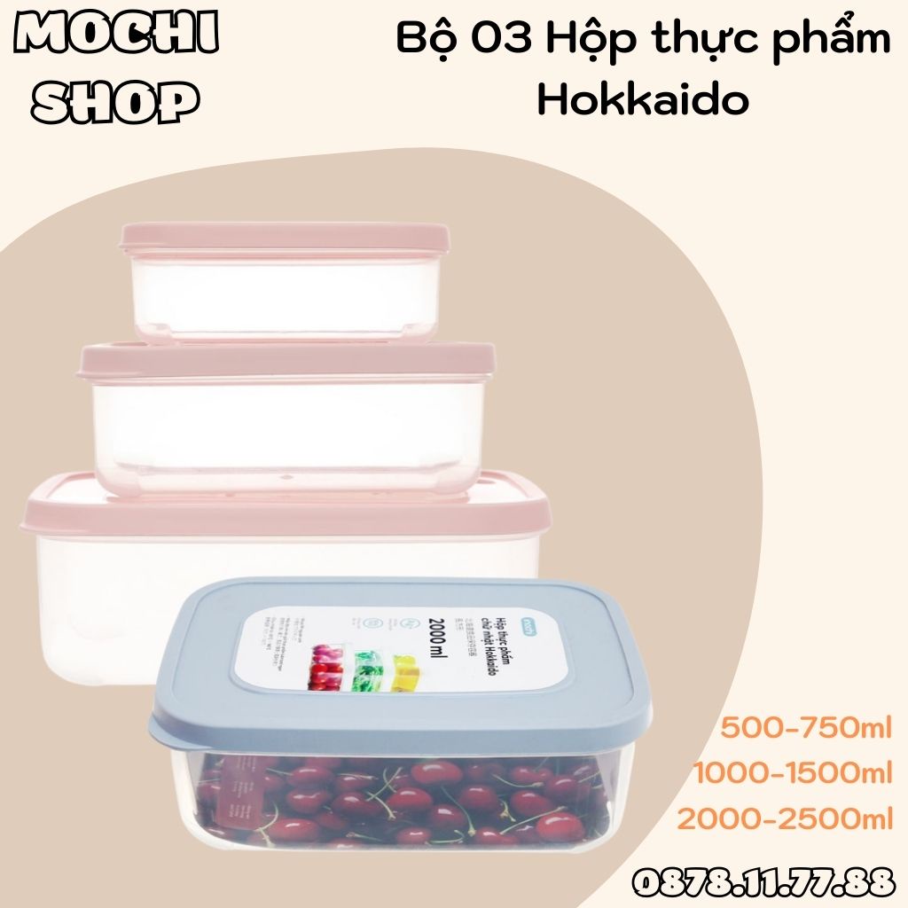 Bộ 3 Hộp Nhựa Đựng Thực Phẩm Hokkaido Inochi DẠNG CHỮ NHẬT Bảo Quản Ngăn Mát, Trữ Đông