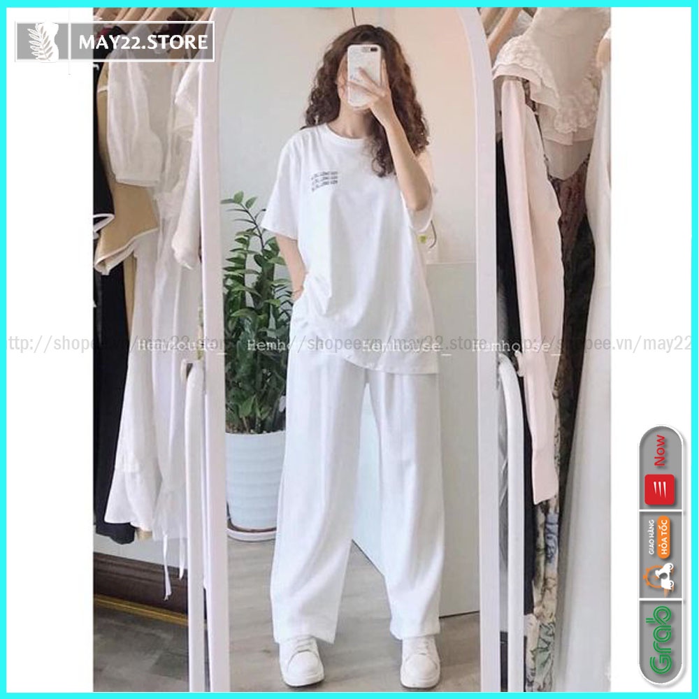 [QUÀ TẶNG LÀ 1C KHAU TRANG NHÉ] Sét đồ nữ trắng vải cotton áo phông quần ống rộng, bộ quần áo - May22