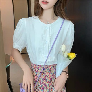 áo sơ mi cổ tròn tay bồng viền ren chạy dọc cúc kèm {video+ảnh thật} áo sơ mi nữ