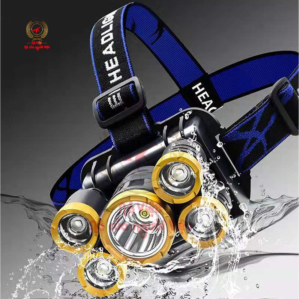 Đèn pin siêu sáng đội đầu gồm 5 bóng đèn, siêu sáng, sản phẩm bền bỉ theo thời gian, có thể chống nước [YPX7]