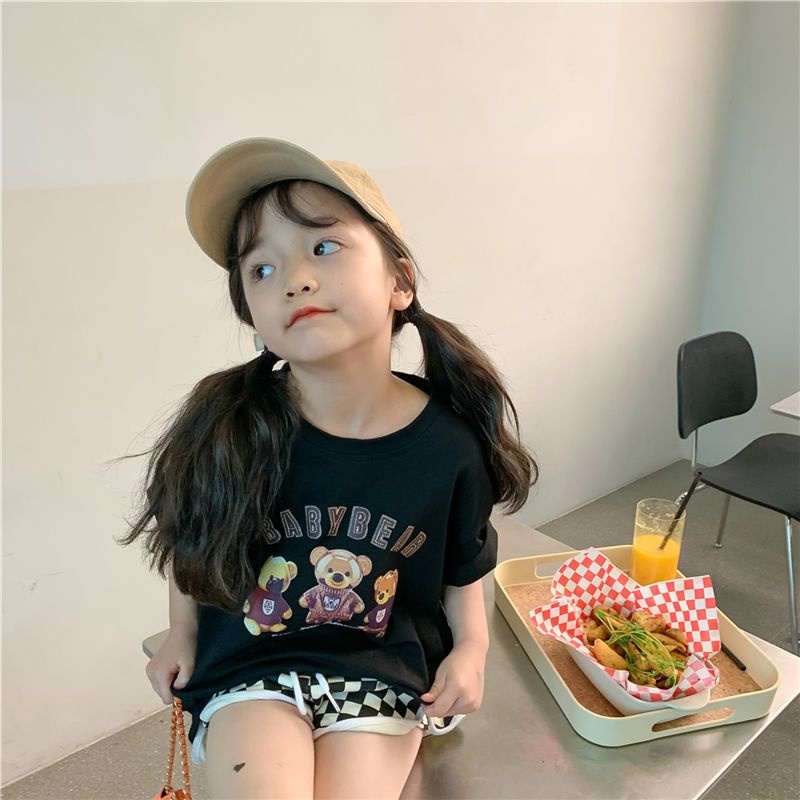 Áo Thun 100% Cotton Cổ Tròn Tay Ngắn In Họa Tiết Hoạt Hình Phong Cách Hàn Quốc Thời Trang Mùa Hè Cho Bé Gái