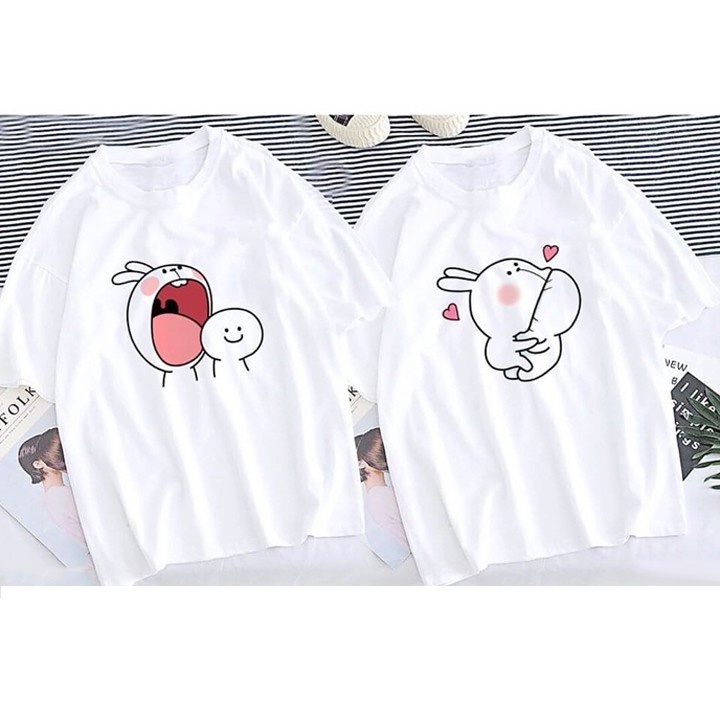 Áo thun cặp đôi nam nữ dễ thương form unisex thun cotton mềm mịn, màu trắng AC111T