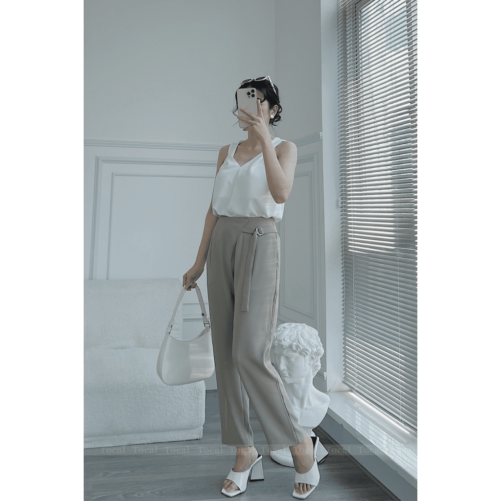 Quần Baggy nữ lưng cao ống đứng phối khoen cạp, quần suông nữ công sở mềm màu đen và rêu thiết kế bởi Tocal - PAN002