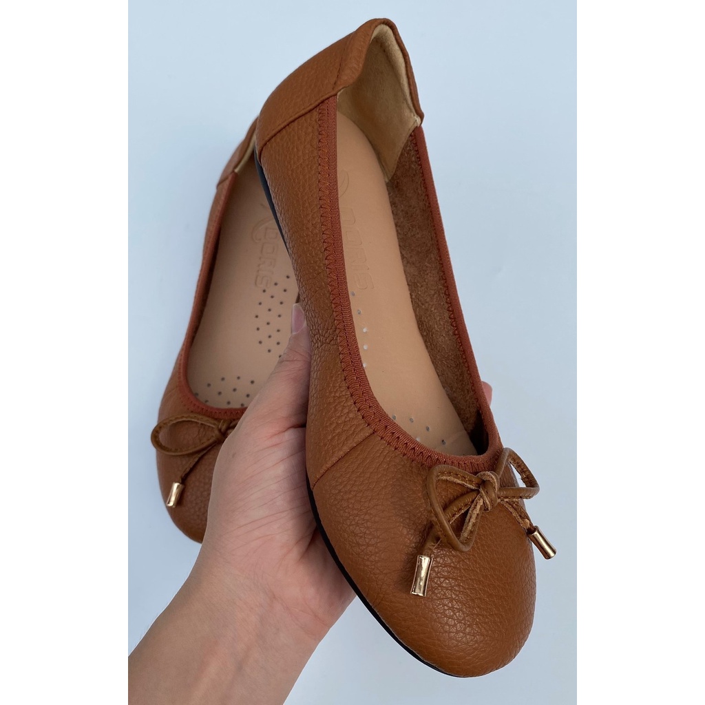 Giày búp bê ĐẾ BỆT  da thật SIÊU BỀN mũi tròn gắn nơ nhỏ màu bò DORIS DR007- CÓ BẢO HÀNH-CÓ SIZE 40.