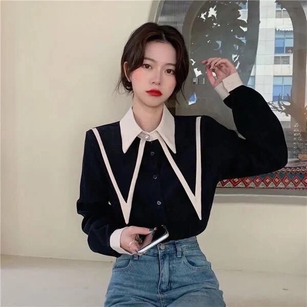 Áo Sơ Mi Tay Dài Dáng Rộng Họa Tiết Chấm Bi Phong Cách Vintage