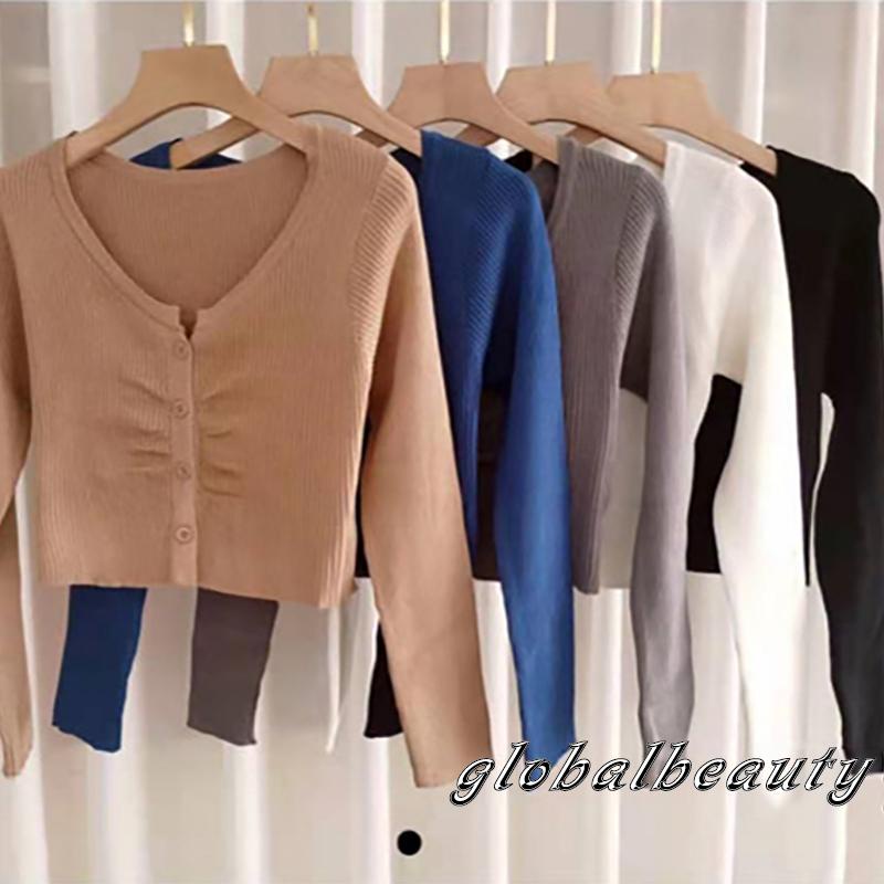 Áo Croptop Dệt Kim Tay Dài Cổ Chữ V Màu Sắc Thanh Lịch