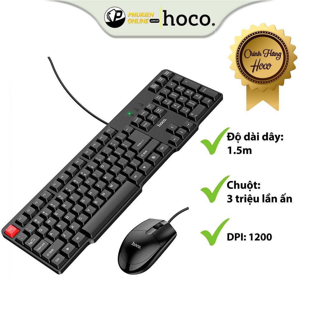 Combo Chuột Phím Có Dây Hoco GM16 - Fullsize, Có Phím Số, Bền Bỉ, Chống Tràn, Độ Bền Cao, Độ Nhạy Cao, Mượt Mà Trơn Tru.