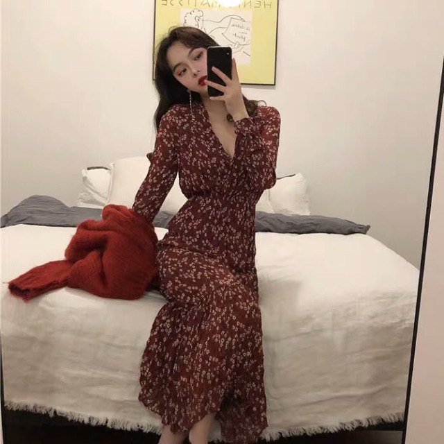 Combo váy hoa nhí dài mix áo len