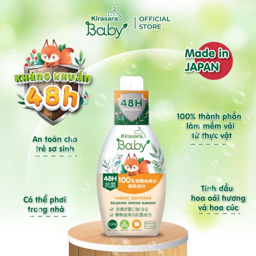 Nước giặt/xả Giảm Khuẩn Kirasara Baby Giúp bảo vệ quần áo của trẻ khỏi vi khuẩn, mùi hôi trong 48h - Herbaby