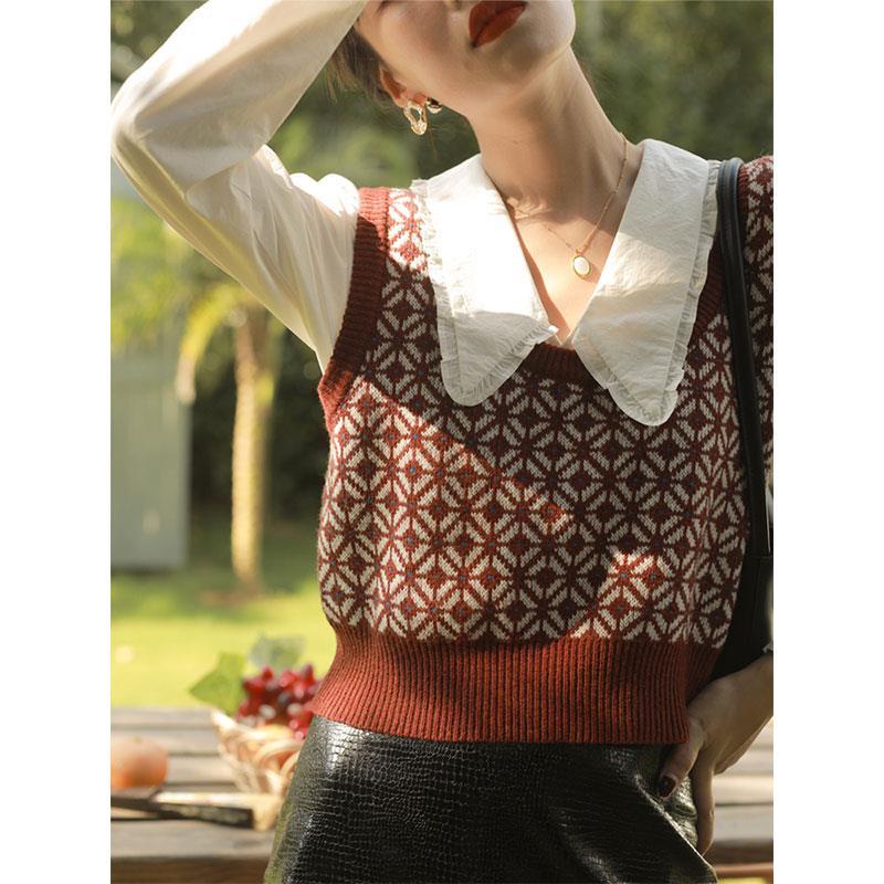 Lil Forest Áo Sweater sát nách cổ chữ U kiểu Retro Pháp dễ thương | BigBuy360 - bigbuy360.vn