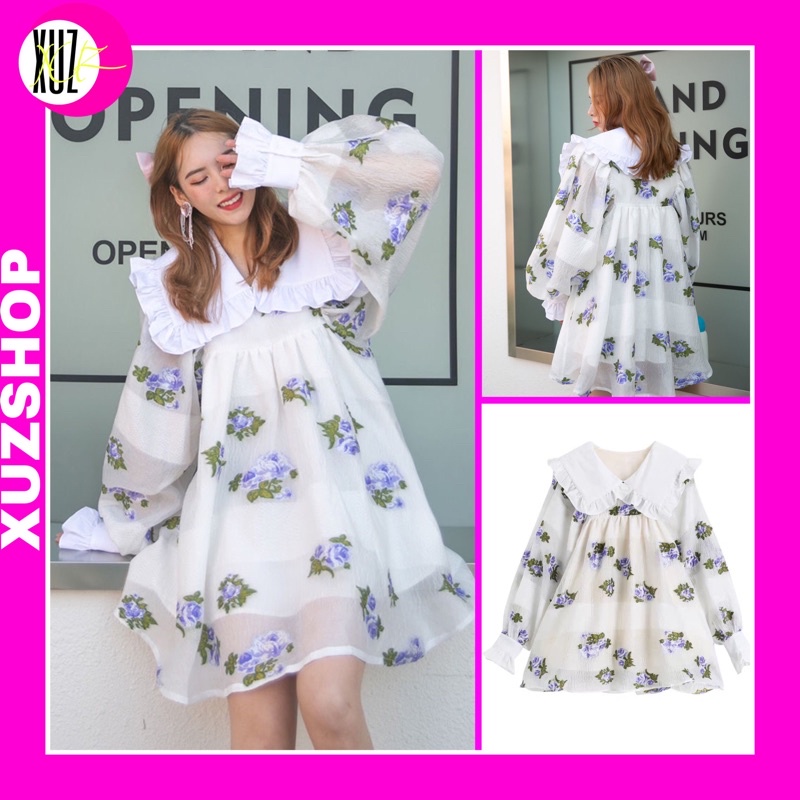 Đ7 Váy Đầm Babydoll Hoa Cổ Sen Tay Bồng Dáng Xoè Bồng Rộng Dễ Thương