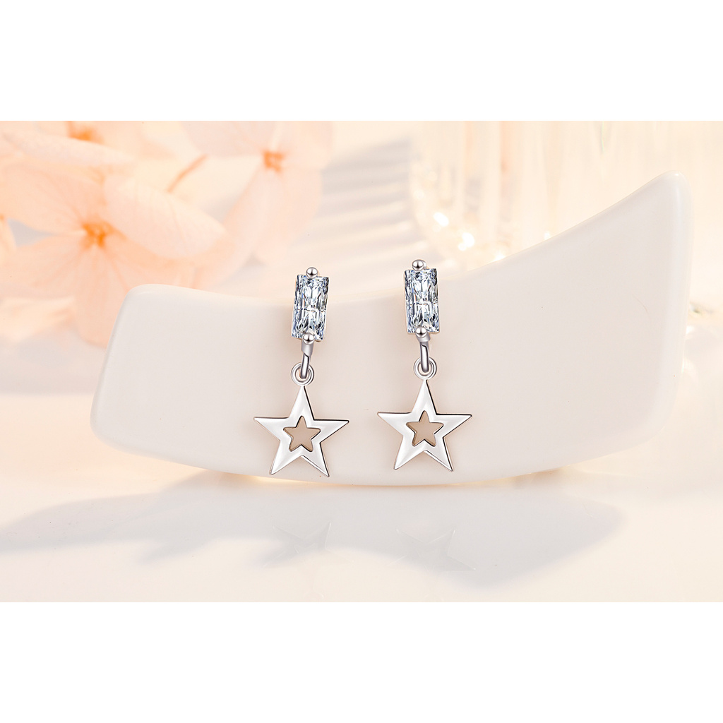 Khuyên Tai Bạc 925 Hình Ngôi Sao Năm Cánh Đính Đá Zircon Phối Dây Tua Rua Ngọt Ngào Cho Nữ-S1