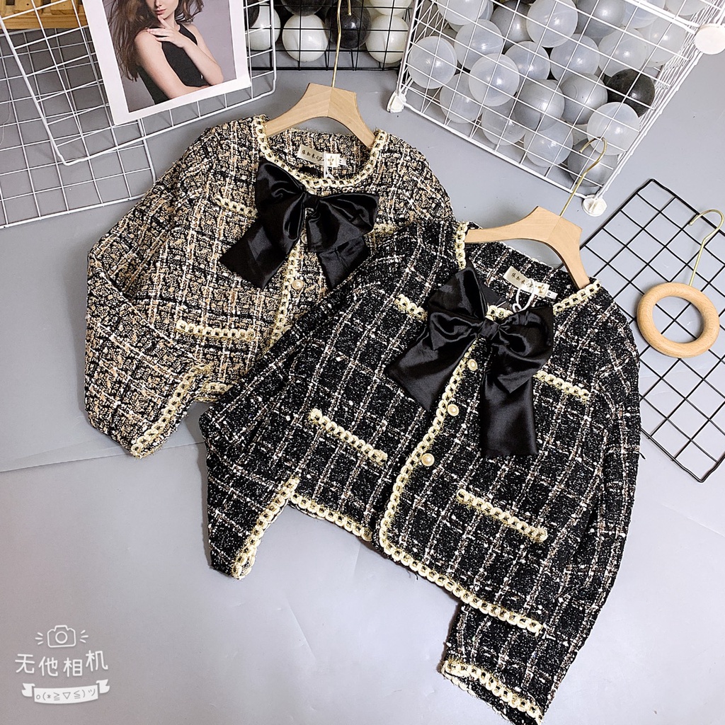 Áo dạ kẻ Tweed kèm nơ 2 màu siêu xinh