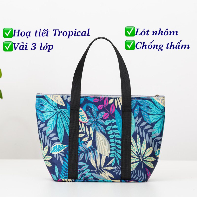 Túi đựng cơm giữ nhiệt, lót nhôm, 3 lớp, hàng dày dặn, hoạ tiết NHIỆT ĐỚI, túi đựng thức ăn, trữ đồ nóng lạnh