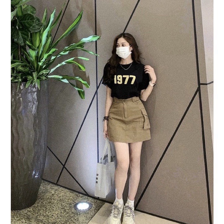 Chân váy kaki cạp cao chữ A túi hộp, chân váy ngắn, mã CV02, màu nâu