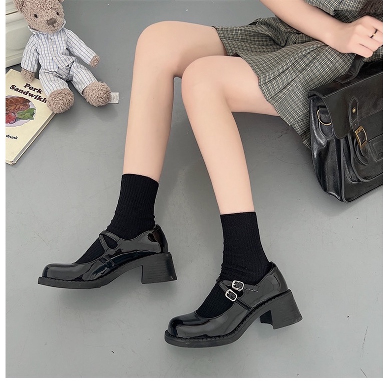Giày lolita đế cao 5p quai ngang, giày cao gót màu đen 2 quai ngang