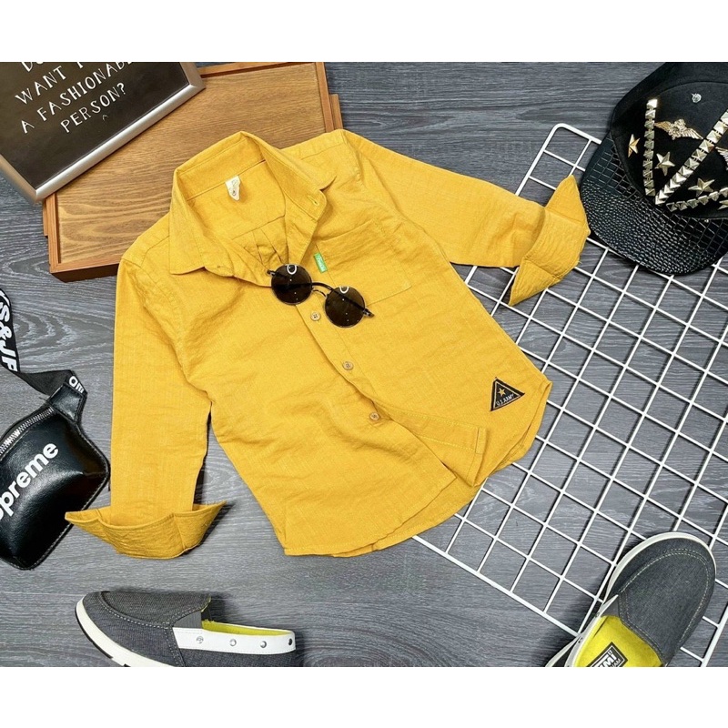 10-27kg ÁO SƠ MI DÀI TAY BÉ TAI MẠNH MẼ NAM TÍNH 5 MÀU CƠ BẢN TRẮNG ĐEN VÀNG KEM XANH.