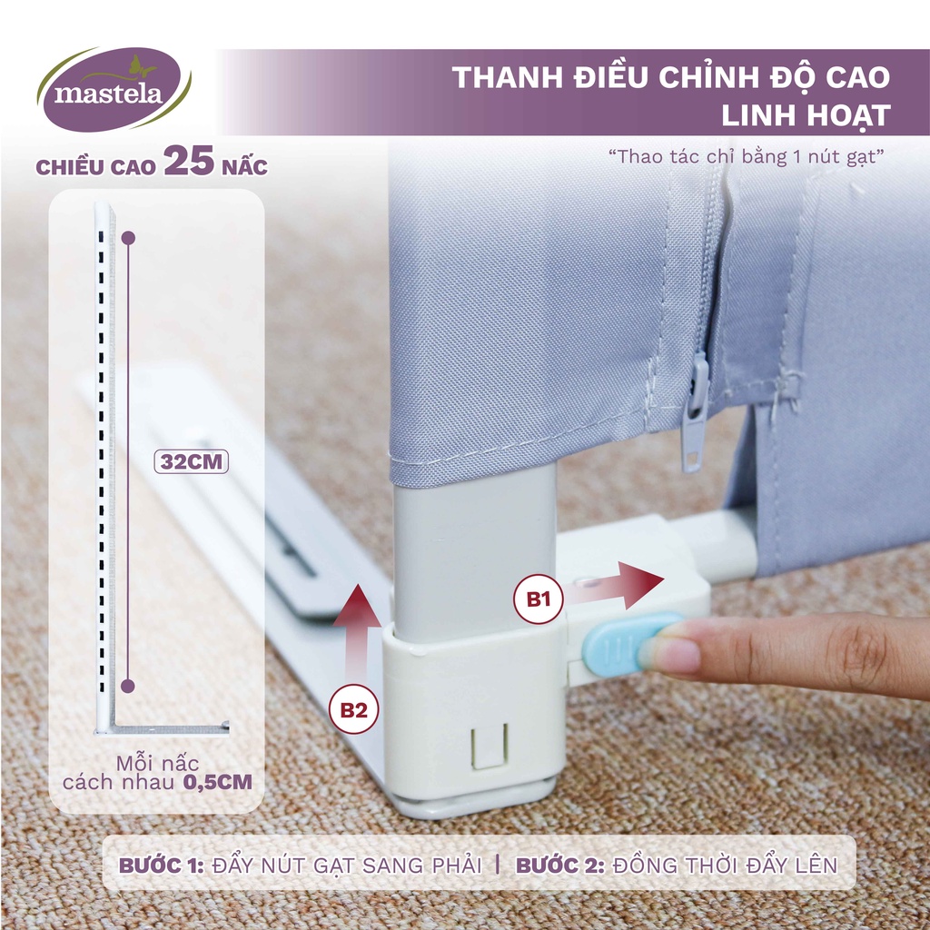 Chặn giường cho bé, thanh chắn nâng hạ 2 bên, dễ dàng lắp đặt, an toàn cho bé size 180cm, 200cm Mastela 0322-4BB-015