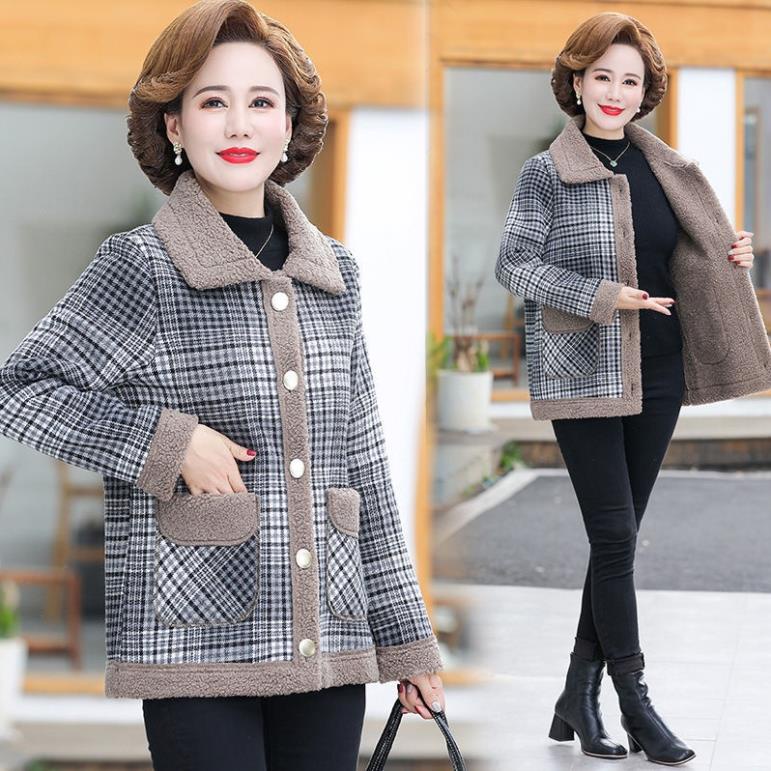 Cashmere khâu áo khoác của phụ nữ mùa thu ngắn áo khoác len kẻ sọc cho phụ nữ trung niên và cao tuổi áo dày -nj1