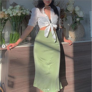 Chân váy midi Mia - Chân váy dài chất satin Xanh bơ V927