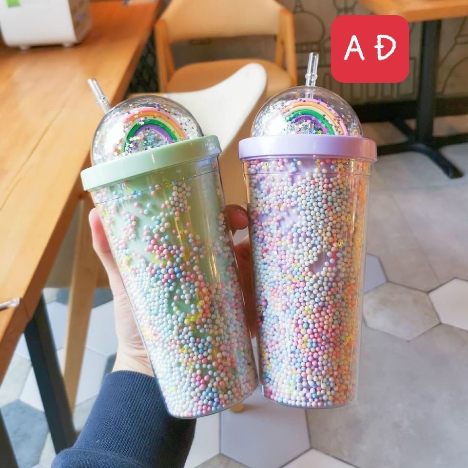 Ly đựng nước cầu vồng 2 lớp cách nhiệt dung tích 500ml + tặng ống hút