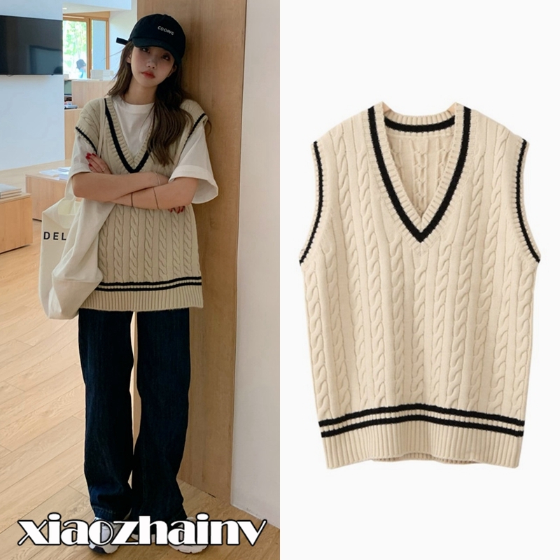 Xiaozhainv Áo dệt kim dáng rộng cổ chữ V không tay phong cách Hàn Quốc thời trang nữ dễ thương | BigBuy360 - bigbuy360.vn