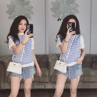 Set áo phông trắng áo gile len kẻ