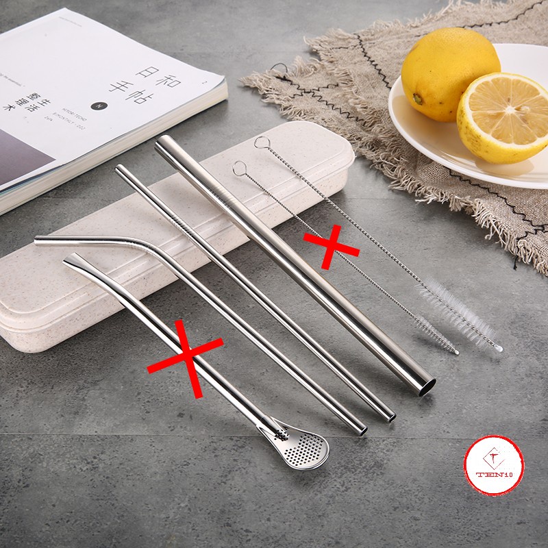 Ống hút inox 💖 Bộ 3 ống 💖 đầu cong gập kèm cọ vệ sinh ống hút kích thước 20cm dùng trong gia đình đi du lịch