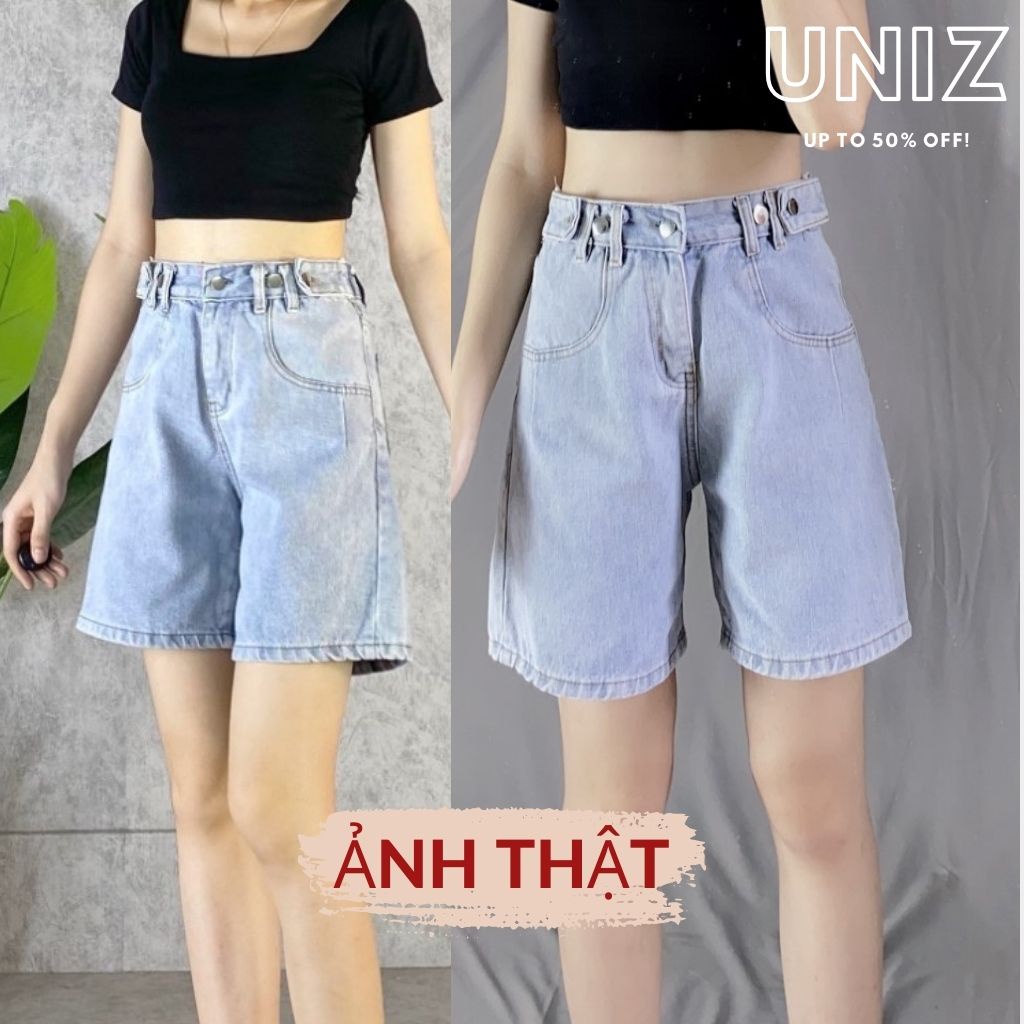 Quần Short Nữ 4 Khuy UNIZ (Màu Xanh), Dáng Lửng, Ulzzang, Cạp Cao, Form rộng, Vải Jean, Mềm Mại, Không Bai Màu