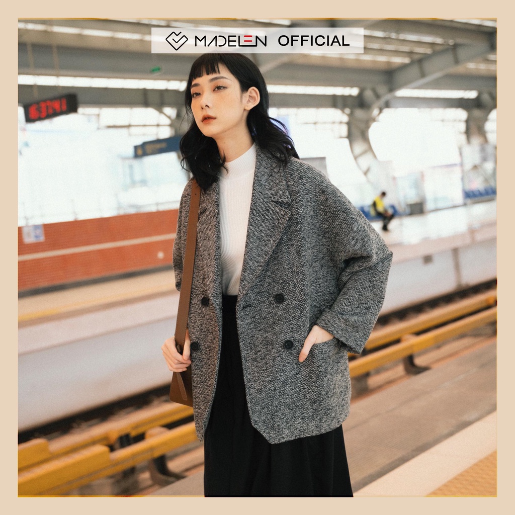 Áo coat dạ xám phẩy MADELEN dáng freesize suông rộng