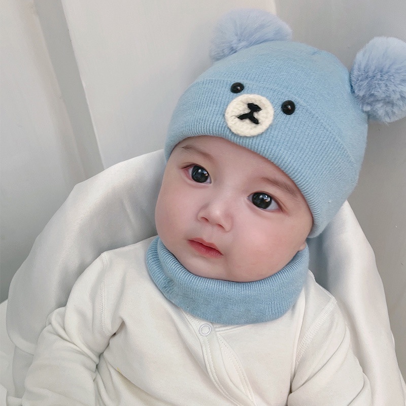 Mũ beanie Kèm Khăn Choàng Cổ Giữ Ấm Tai Hình Gấu Hoạt Hình Dễ Thương Cho Bé 0-2 Tuổi