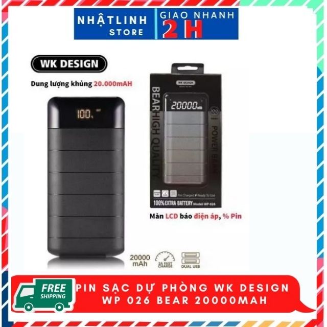 Sạc pin dự phòng WK - WP026 20000Mah cho iphone ipad android samsung oppo xiaomi sạc nhanh 5V/2.1A