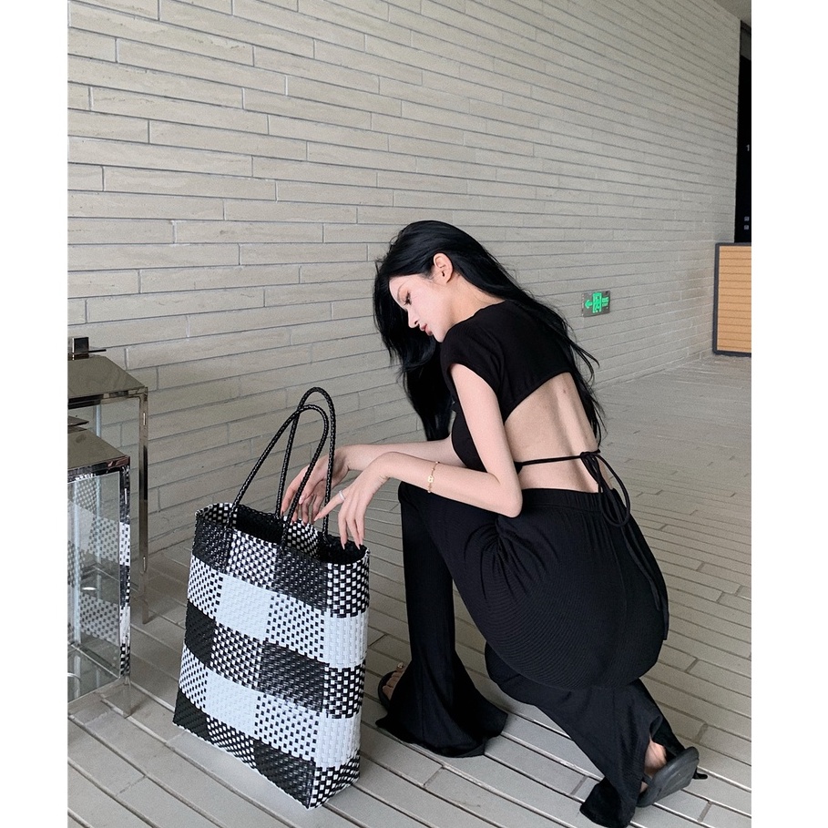 Cocory vn Set Áo Thun Hở Lưng + Quần Dài Ống Đứng Thời Trang Nữ