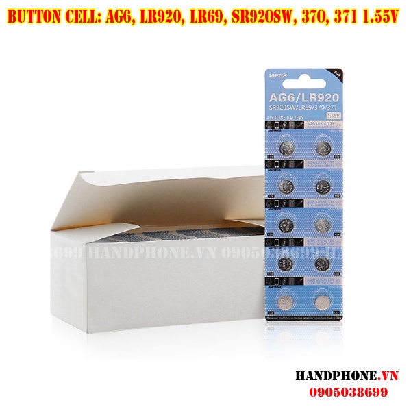 1 vỉ 10 viên pin cúc áo 1.55V AG6/ LR69/ SR920SW/ LR920/ 370A/ 371A Button Cell cho đồng hồ điện tử, đồ chơi