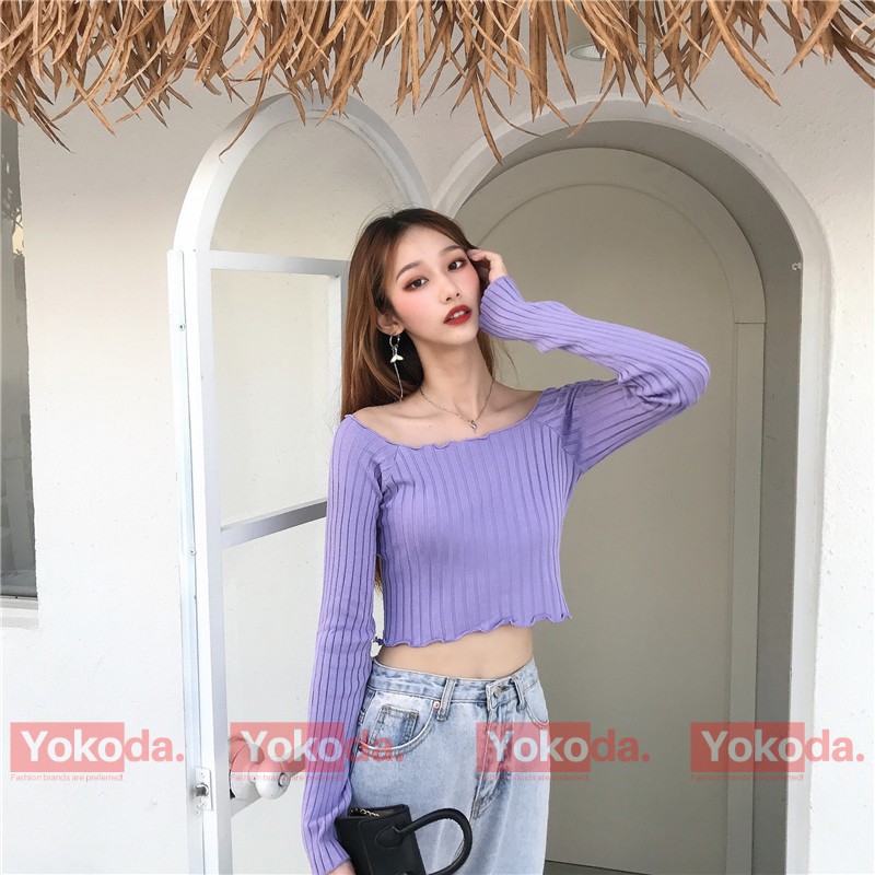 [XẢ] Áo Croptop Tay Dài Cổ Vuông Hot Thu Đông Năm✅Áo Croptop Len Trễ Vai Dài Tay Sexy - QA36