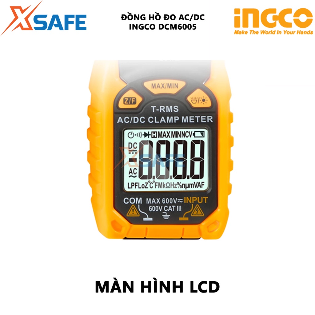 Đồng hồ kẹp AC/DC INGCO DCM6005 Ampe kìm 6000 số đếm, giữ dữ liệu, dòng điện một chiều 60A/600A - Chính hãng [XSAFE]