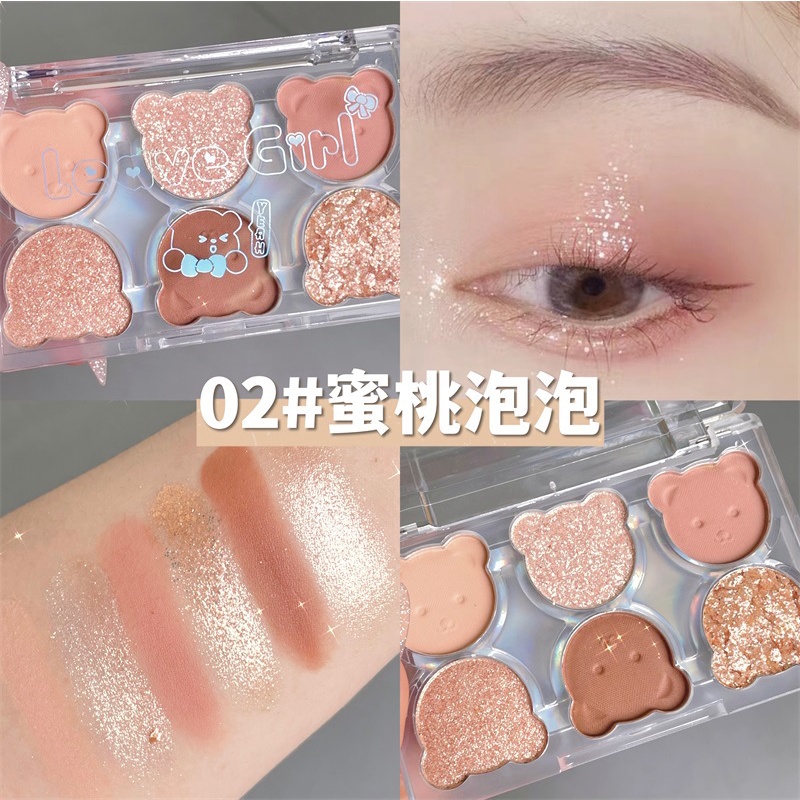 Bảng Phấn Mắt 6 Màu Sắc Tông Lì/Lấp Lánh Chống Thấm Nước Lâu Trôi Trang Điểm Bắt Sáng Hình Gấu Dễ Thương