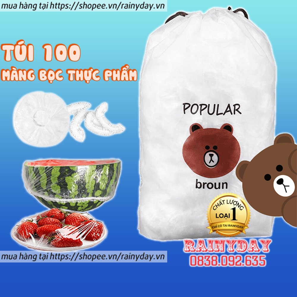 Túi 100 màng bọc thực phẩm co giãn con gấu có bo chun nilon PE nylon bảo quản thức ăn đa năng