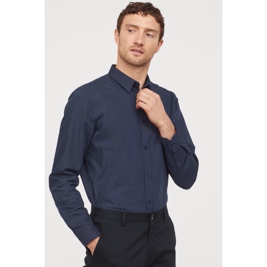 Áo somi nam HM xanh navy chấm bi