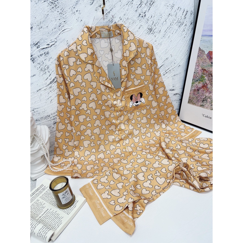 Bộ đồ mặc nhà Sam cao cấp, set đồ ngủ pijama dáng dài thu đông, chất lụa Luxury mềm mịn họa tiết mickey dễ thương