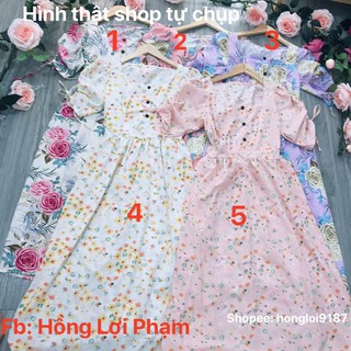 Đầm hoa cổ vuông tay rút dây dễ thương